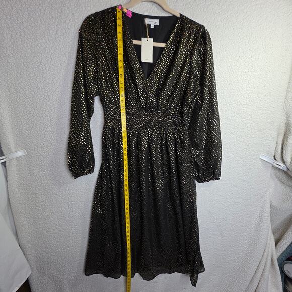 RIHOAS Black Gold Metallic Long Sleeve V Neck Midi Dress XL - Picture 3 of 16